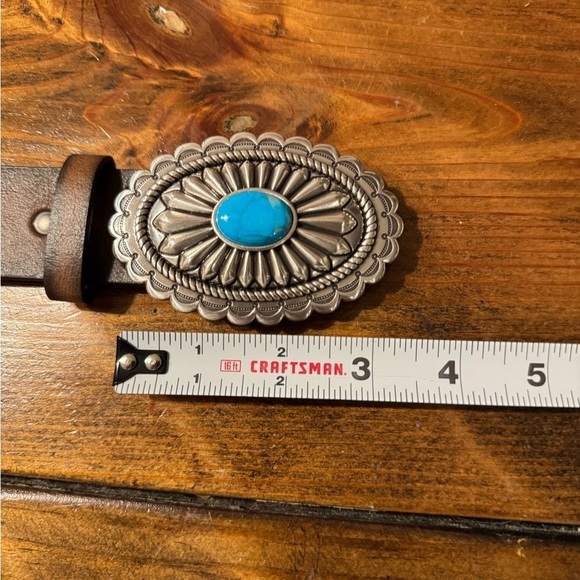 ARIAT BROWN LEATHER BELT WITH FAUX TURQUOISE SILVER BUCKLE  Size L NWOT - Picture 8 of 10